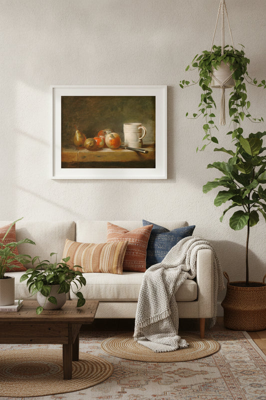 Still Life with a White Mug — framed art in a styled interior