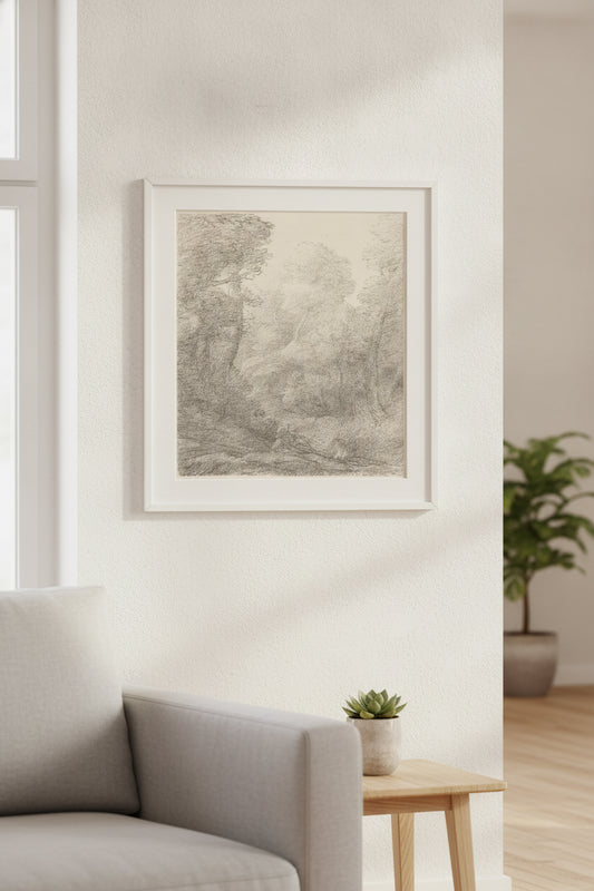 Landscape: Morning Mist (Paysage: Brumes du matin) — framed art in a styled interior