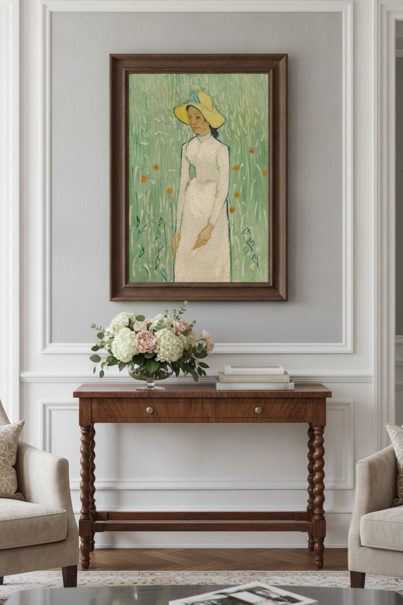 Girl in White — framed art in a styled interior