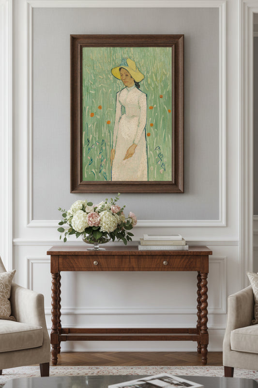 Girl in White — framed art in a styled interior