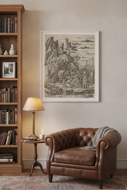 The Entombment with Three Birds — framed art in a styled interior