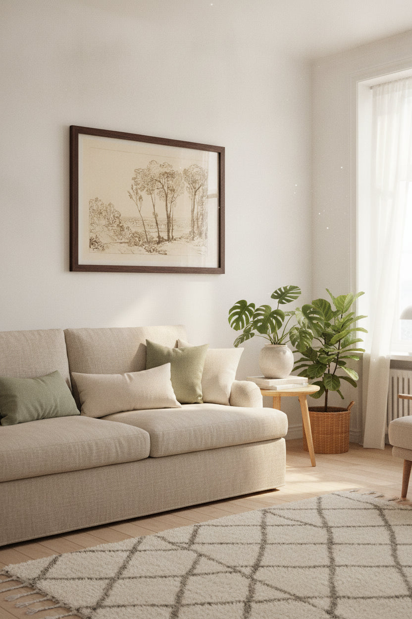 The Bridge in Middle Distance — framed art in a styled interior