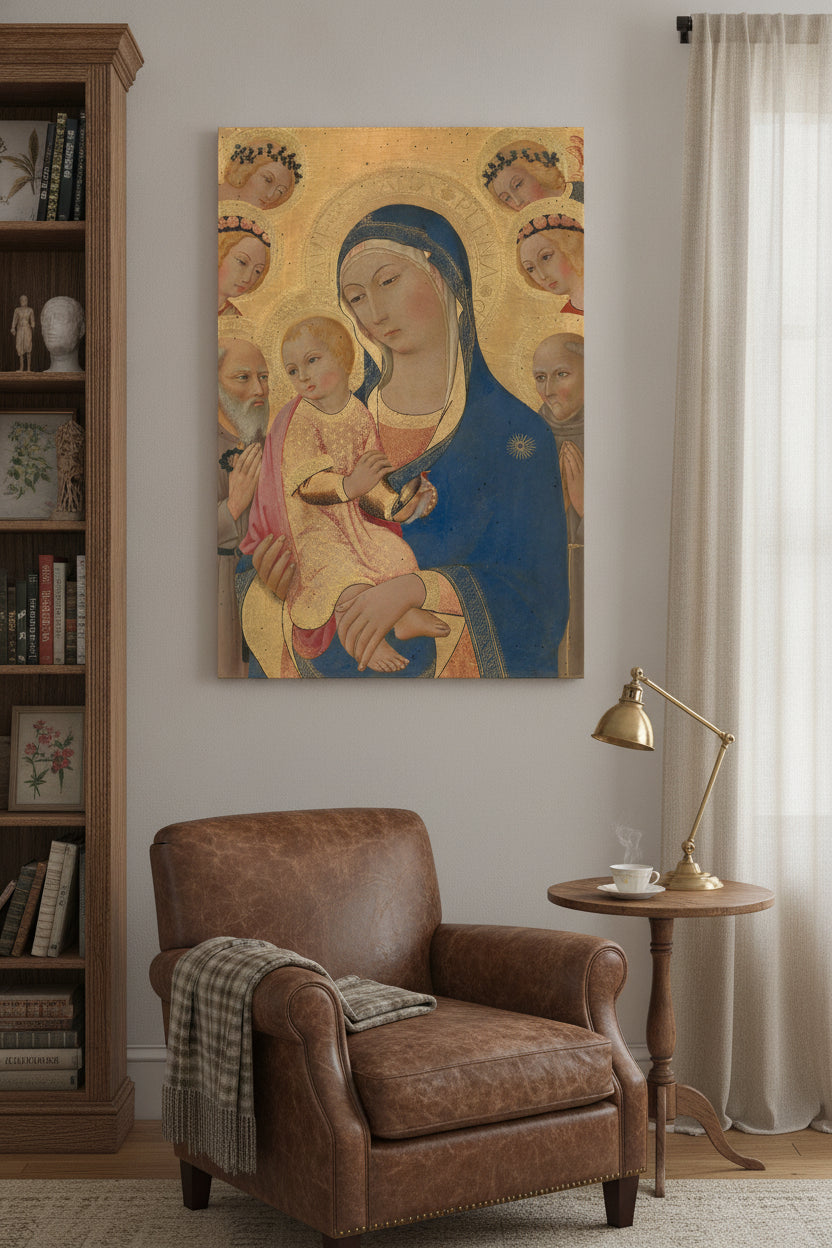 Madonna and Child with Saint Jerome, Saint Bernardino, and Angels — framed art in a styled interior
