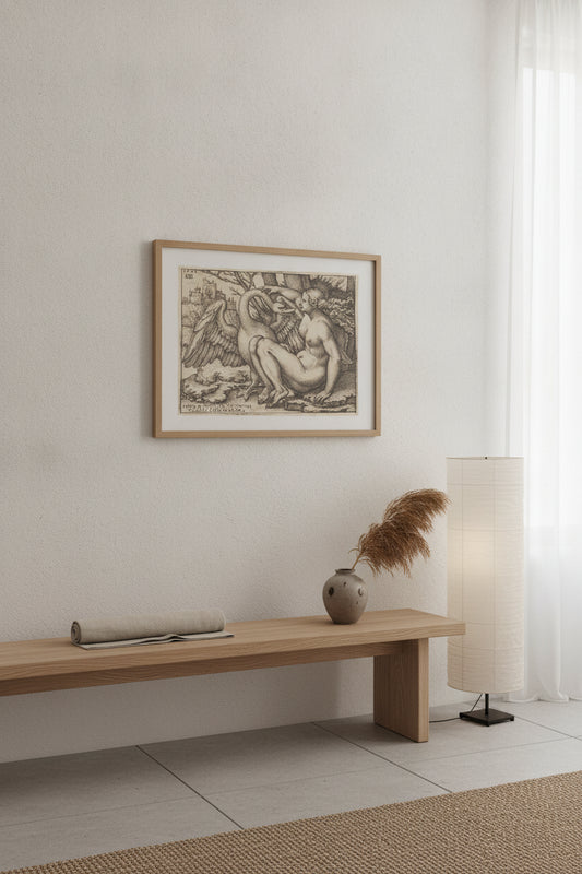 Leda and the Swan — framed art in a styled interior
