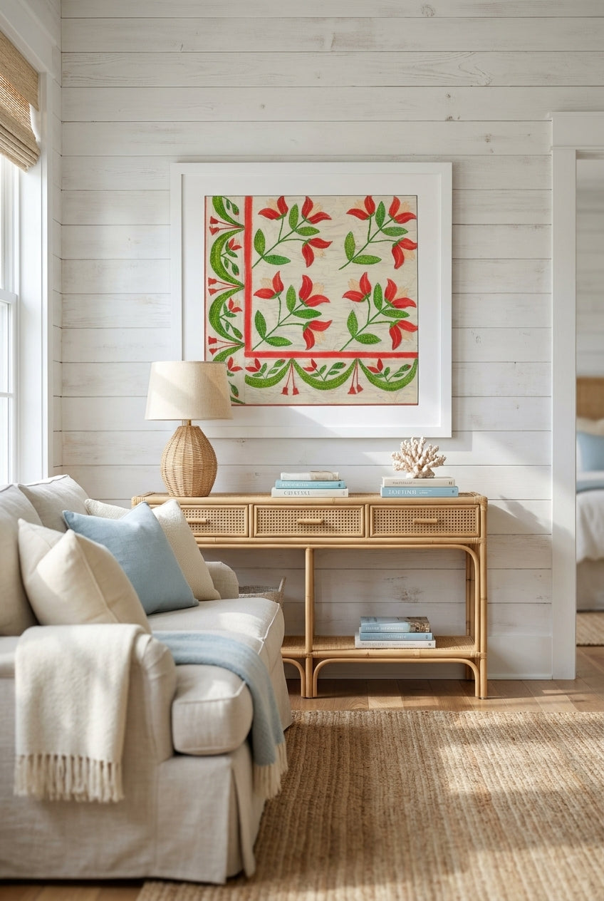 Quilt - Appliqued in Bellflower Design — framed art in a styled interior
