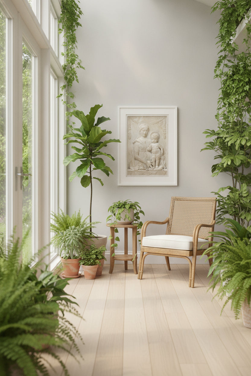 Madonna and Child — framed art in a styled interior