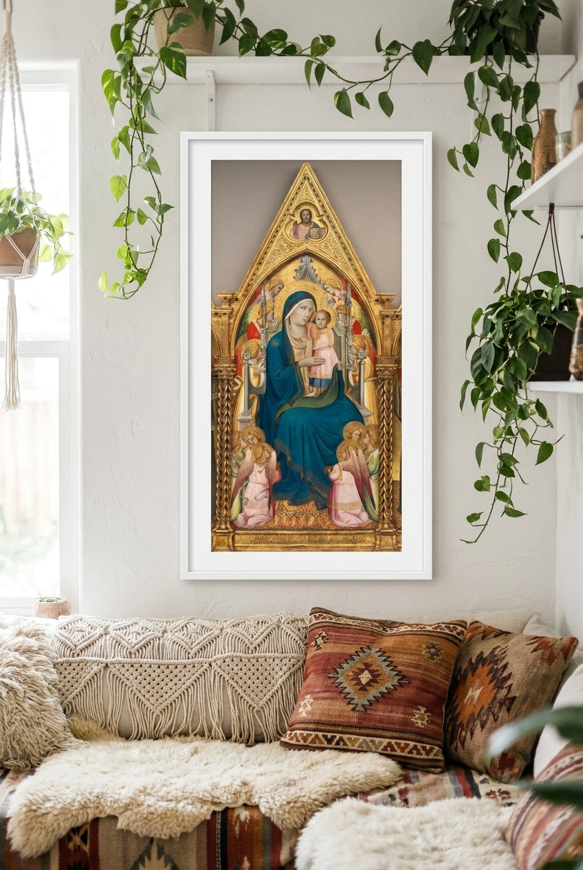Madonna and Child Enthroned with Twelve Angels, and with the Blessing Christ [middle panel] — framed art in a styled interior