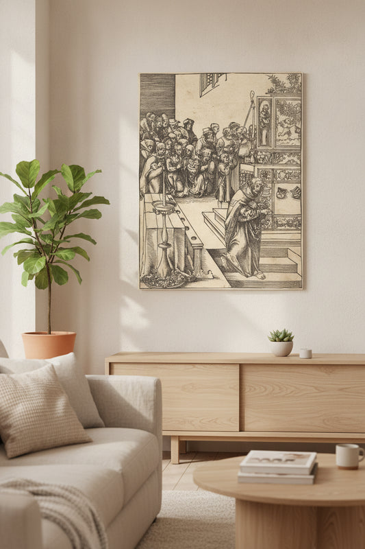 Saint John the Evangelist — framed art in a styled interior