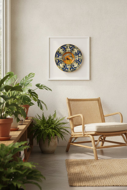Broad-rimmed bowl with border of urns and cherubs' heads; in the center, device of a bird standing on a bundle with the inscription VINCENZO — framed art in a styled interior
