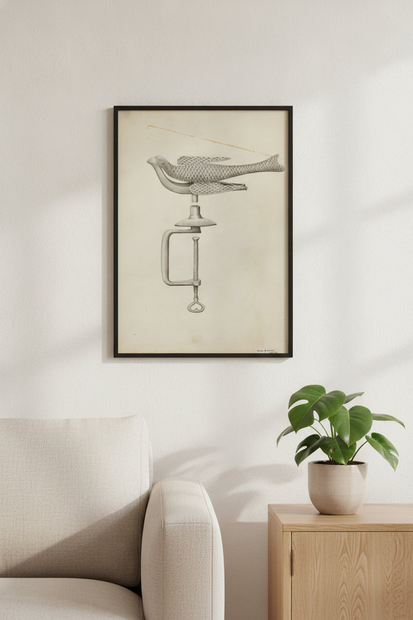 Silver Bird Sewing Holder — framed art in a styled interior