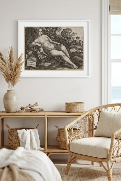Venus Reclining in a Landscape — framed art in a styled interior