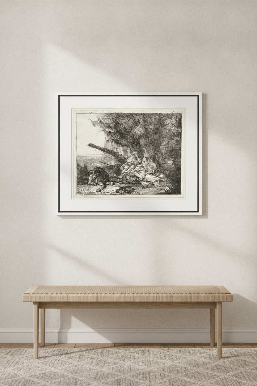 The Rest on the Flight, with Holy Family under a Tree — framed art in a styled interior