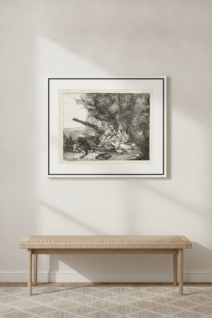 The Rest on the Flight, with Holy Family under a Tree — framed art in a styled interior