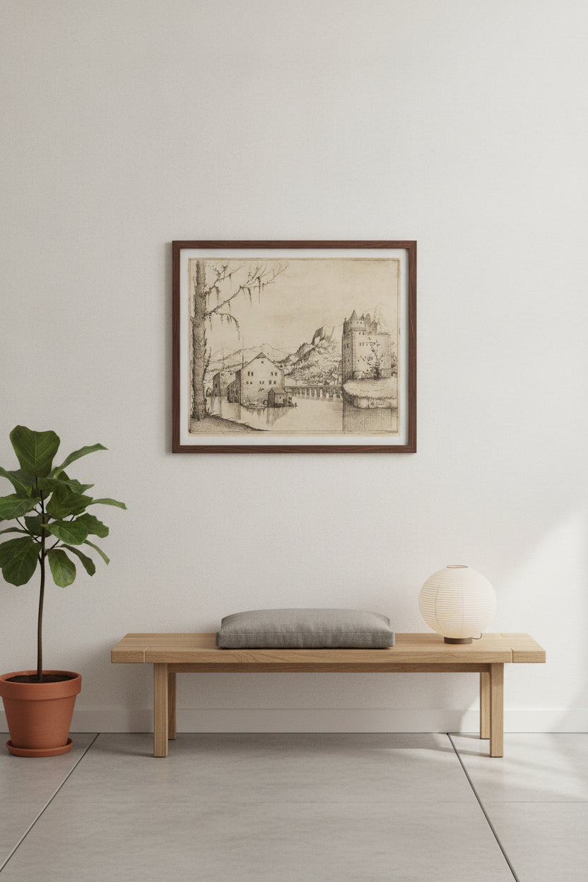 River Landscape with Two Buildings — framed art in a styled interior