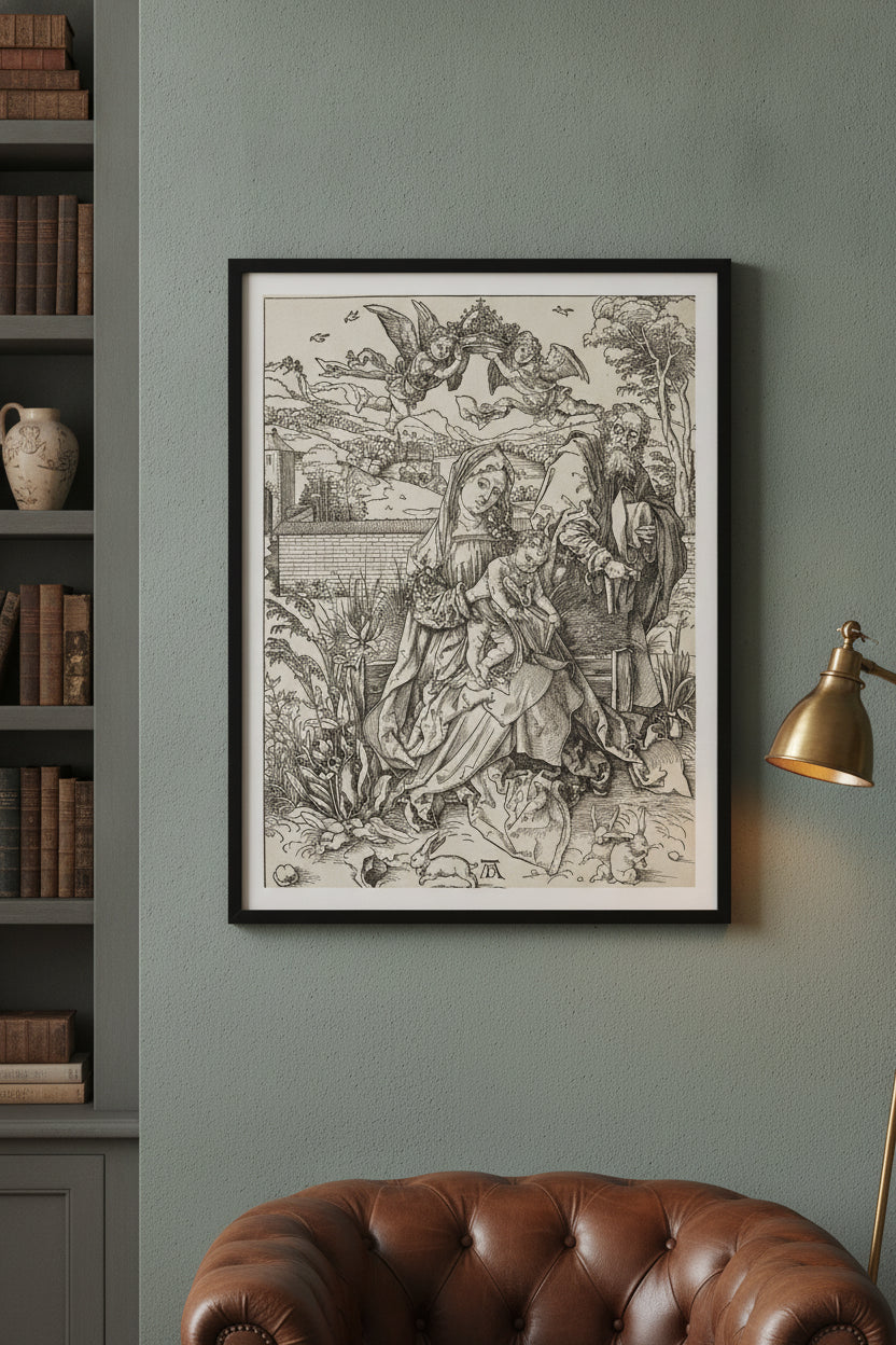 The Holy Family with the Three Hares — framed art in a styled interior