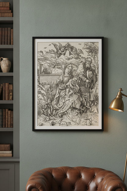The Holy Family with the Three Hares — framed art in a styled interior