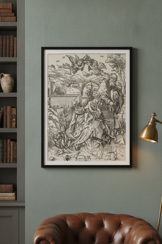 The Holy Family with the Three Hares — framed art in a styled interior
