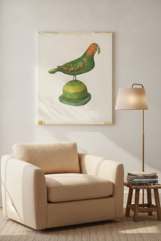 Pensylvania German Carved Bird — framed art in a styled interior