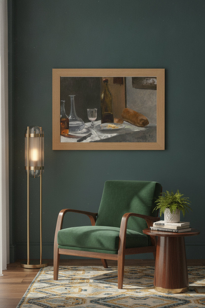 Still Life with Bottle, Carafe, Bread, and Wine — framed art in a styled interior
