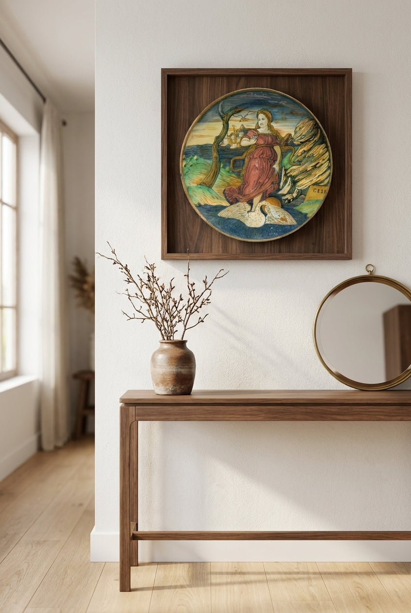 Shallow bowl on low foot with the muse Clio riding on a swan through a watery landscape — framed art in a styled interior
