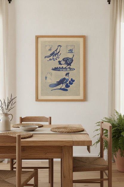 Bird Decorations on Stoneware — framed art in a styled interior