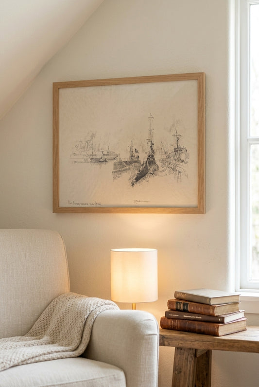Submarines in Port — framed art in a styled interior