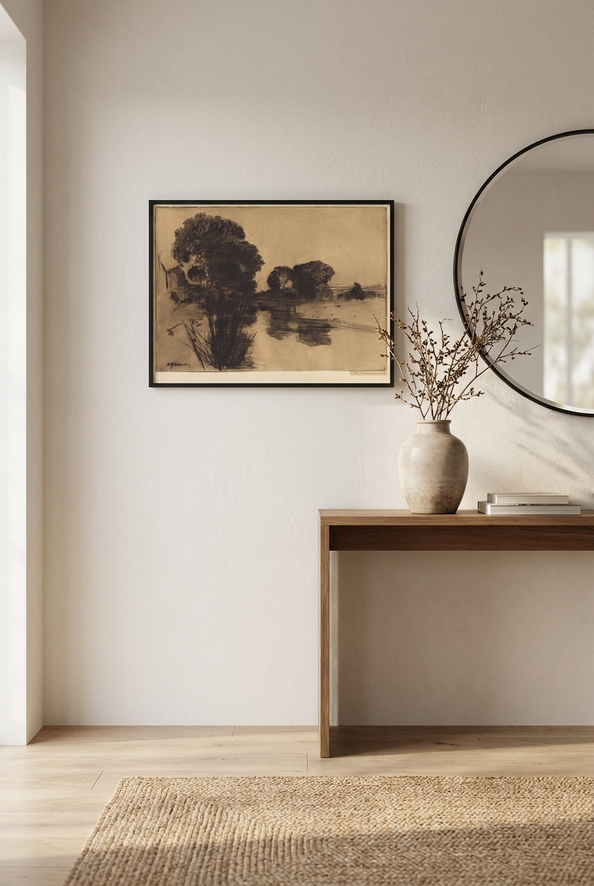 Landscape with Trees: A Dry-Point — framed art in a styled interior