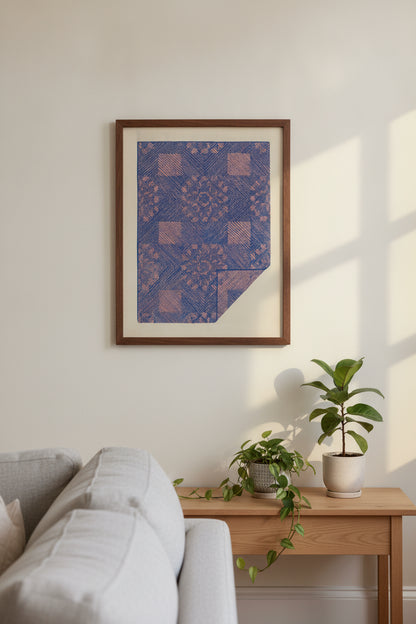 Piece of a Coverlet - Cobalt Blue & Rose — framed art in a styled interior