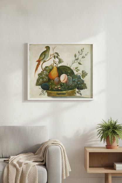 Basket of Fruit with Parrot — framed art in a styled interior