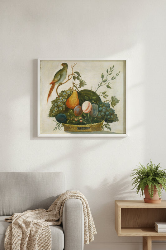 Basket of Fruit with Parrot — framed art in a styled interior