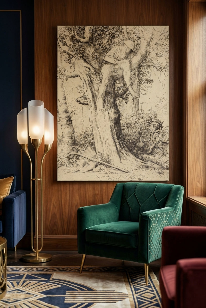 Landscape with a Boy in a Tree (Paysage avec un garcon gimpe sur un arbre dite "Le denicher d'oiseaux) — framed art in a styled interior