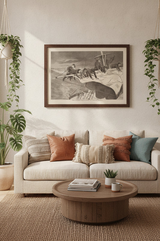 Winter at Sea - Taking in Sail Off the Coast — framed art in a styled interior