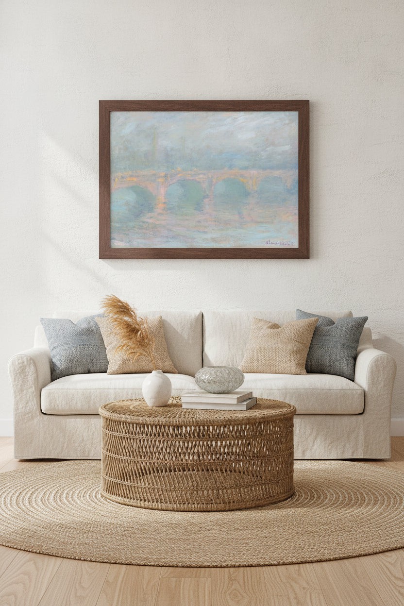 Waterloo Bridge, London, at Sunset — framed art in a styled interior