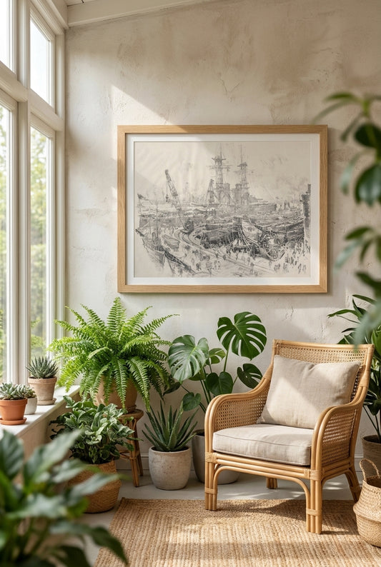 Building Submarine Chasers — framed art in a styled interior