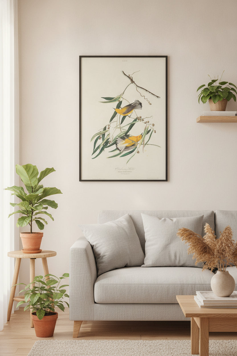 Prothonotary Warbler — framed art in a styled interior