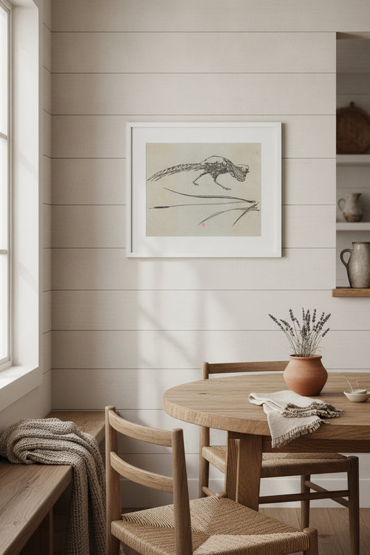 Pheasant and Cattail (Faisan et roseau) — framed art in a styled interior