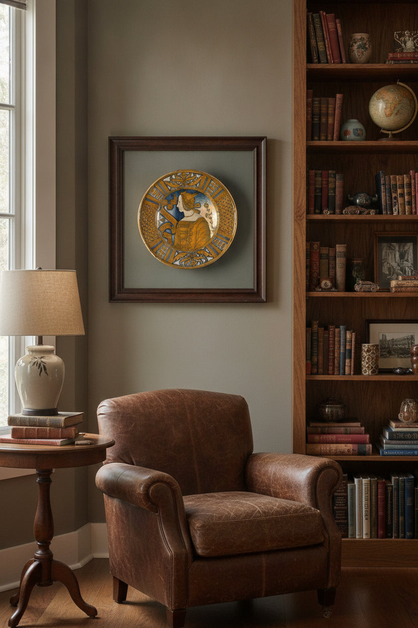 Large dish with segmental border of plant sprays and scale pattern; in the center, a profile bust of a woman in a winged headdress — framed art in a styled interior