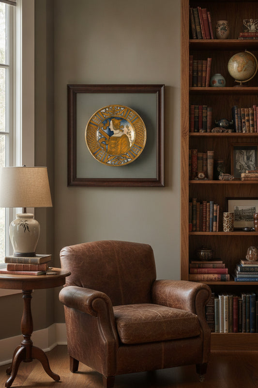 Large dish with segmental border of plant sprays and scale pattern; in the center, a profile bust of a woman in a winged headdress — framed art in a styled interior