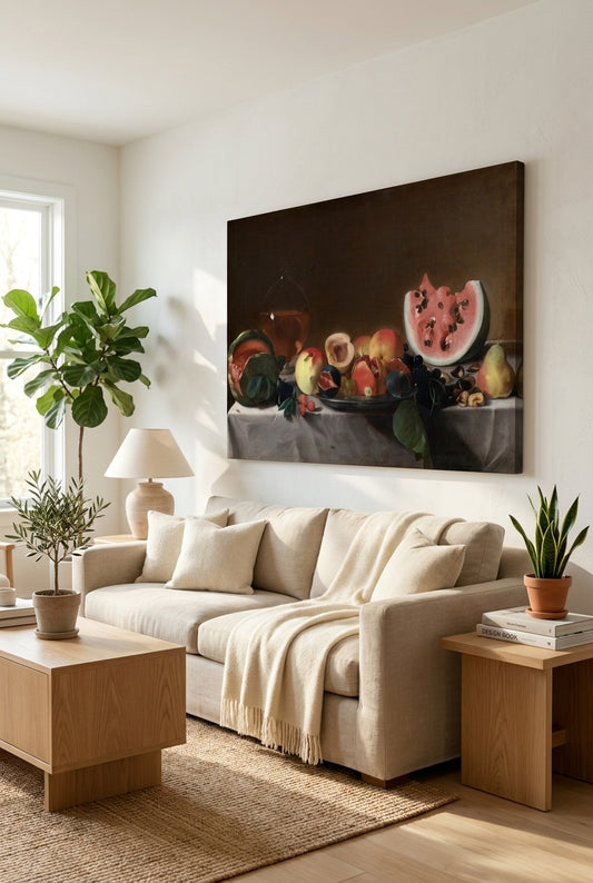Still Life with Fruit and Carafe — framed art in a styled interior
