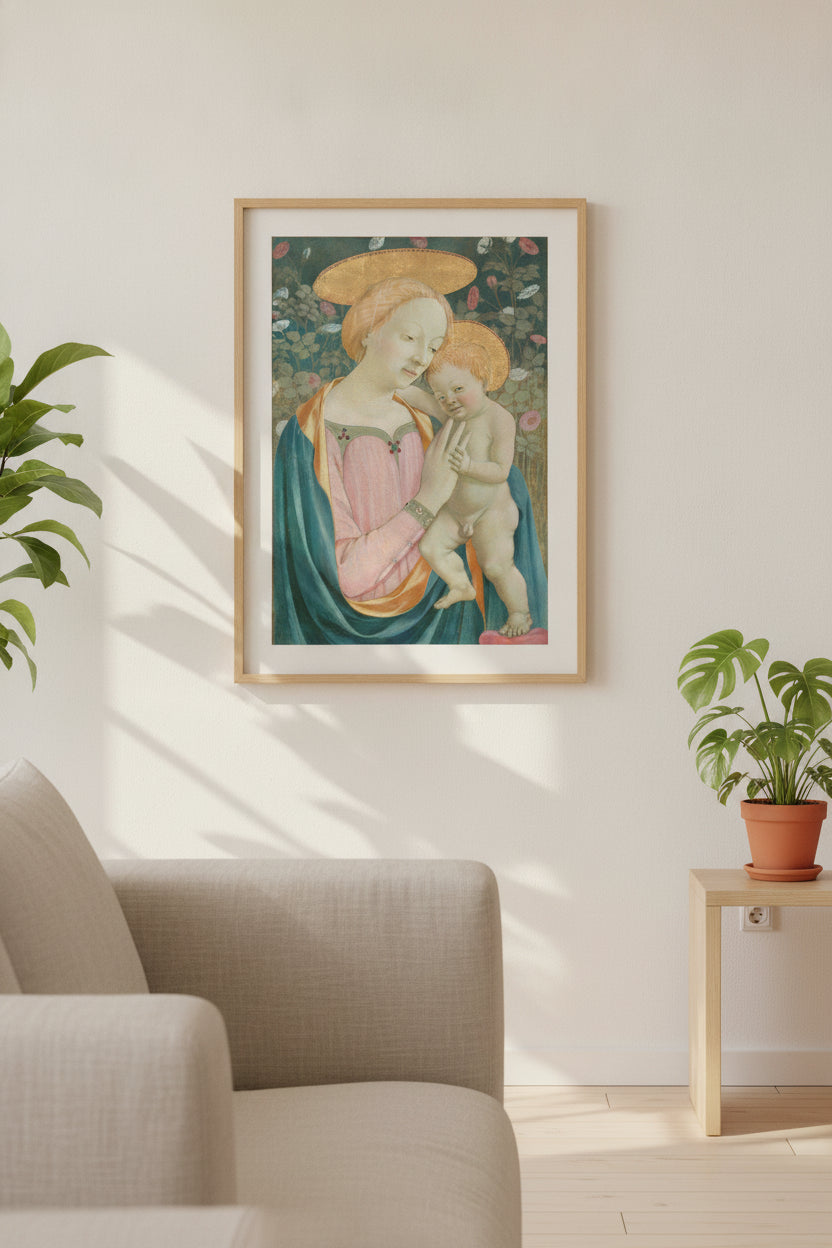 Madonna and Child — framed art in a styled interior