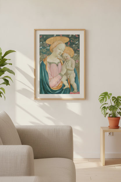 Madonna and Child — framed art in a styled interior