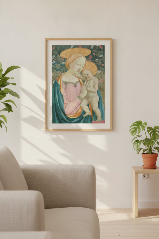 Madonna and Child — framed art in a styled interior