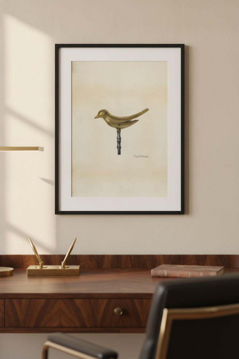 Sewing Bird — framed art in a styled interior