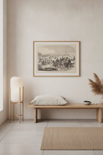 The Union Cavalry and Artillery Starting in Pursuit of the Rebels up the Yorktown Turnpike — framed art in a styled interior