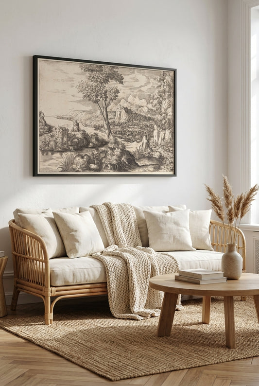 Landscape with Three Men — framed art in a styled interior