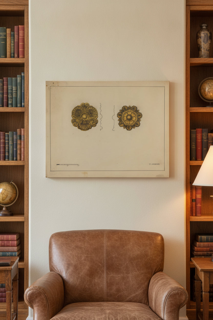 Rosette Mounts — framed art in a styled interior
