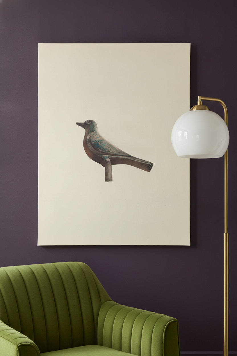 Carved Bird, Garden Decoration — framed art in a styled interior