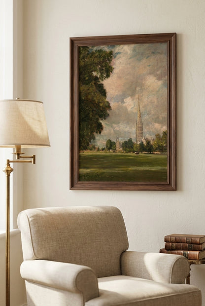 Salisbury Cathedral from Lower Marsh Close — framed art in a styled interior