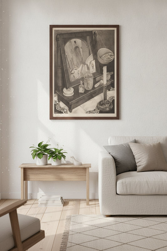 Still Life with Mirror — framed art in a styled interior