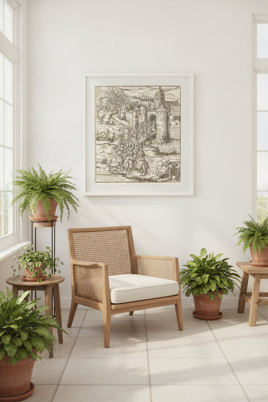 Various Men Kneeling on a Bridge in front of a Town — framed art in a styled interior